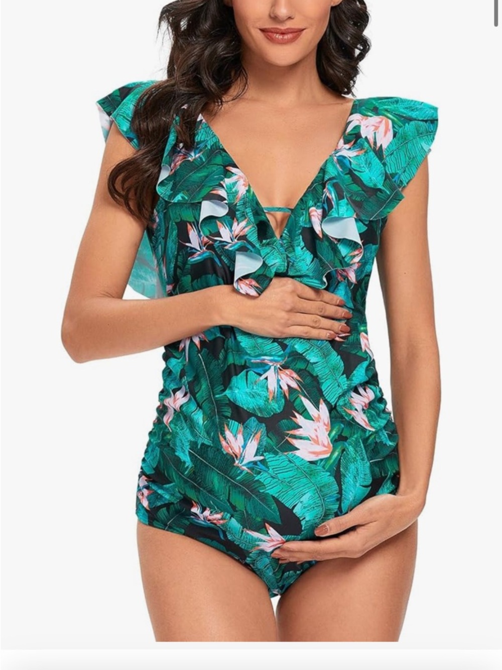 Maternity Green Tropical Ruffle One-Piece Swimsuit - Unbranded